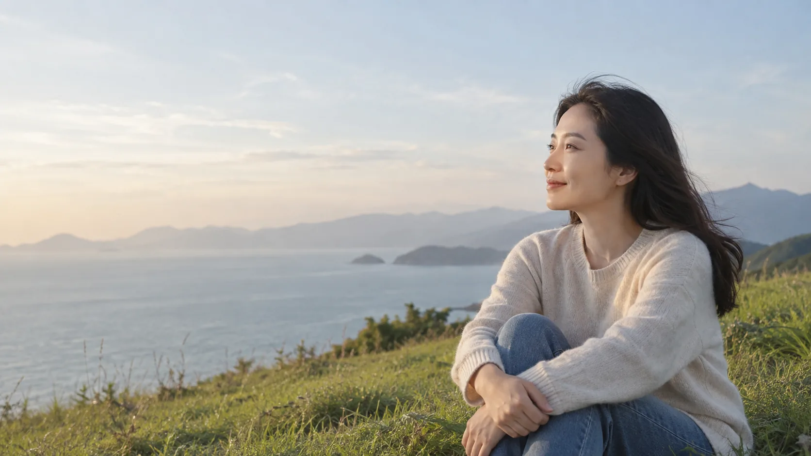 海岸边安静远望的女性,AI生成场景示意